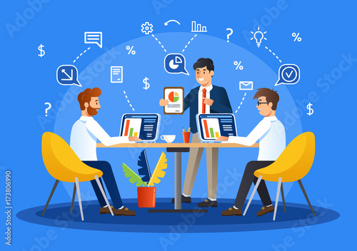 Brainstorming creative team idea discussion people. Teamwork staff around table