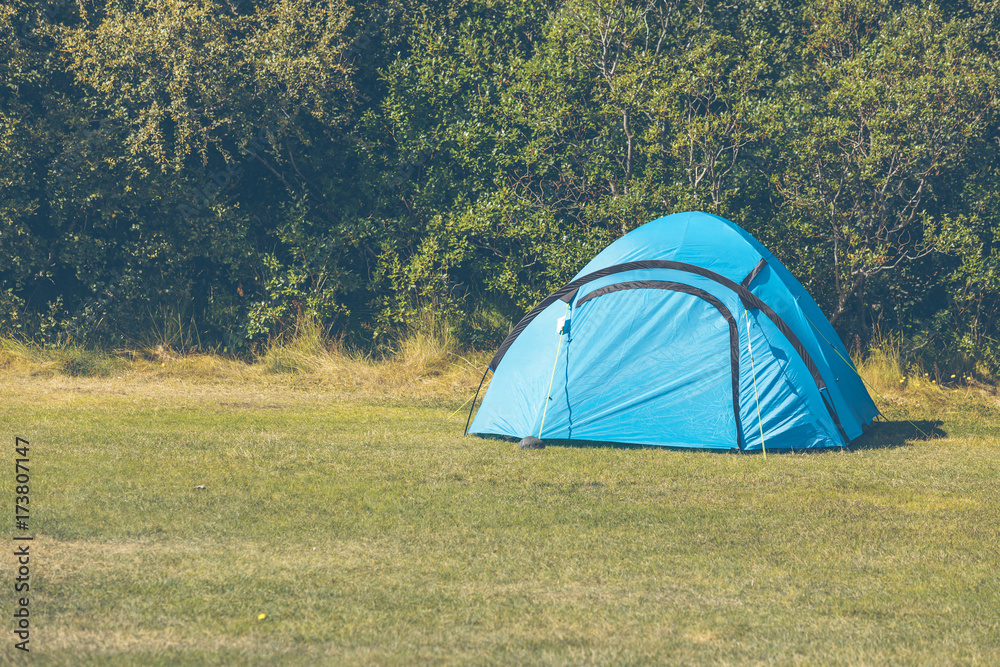 Outdoor Blue Tourist Tent at a Field