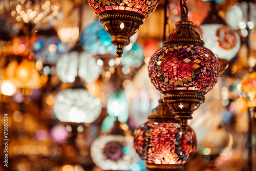 Traditional colorful turkish lamps in market, Istambul, Turkey photo