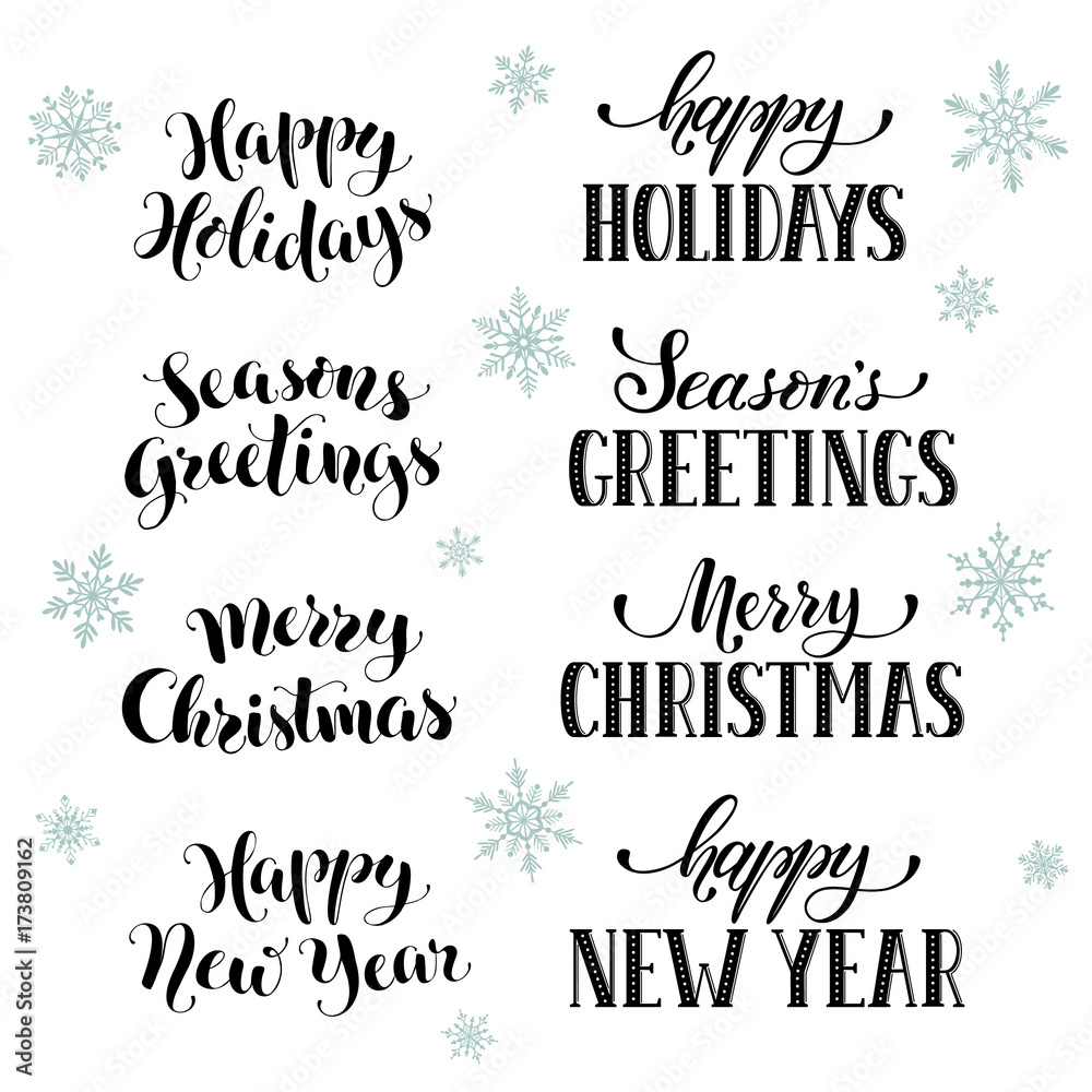 Hand written New Year phrases. Greeting card text with snowflakes