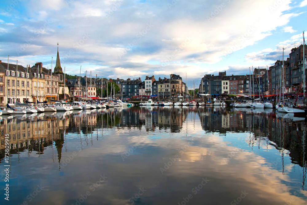 Beautiful  landscape of Honfleur, blue Bay with white yachts