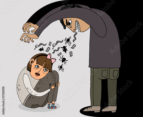 A terrible evil man offends little girl. Illustration about pressure on a person. Bad man and depressed girl