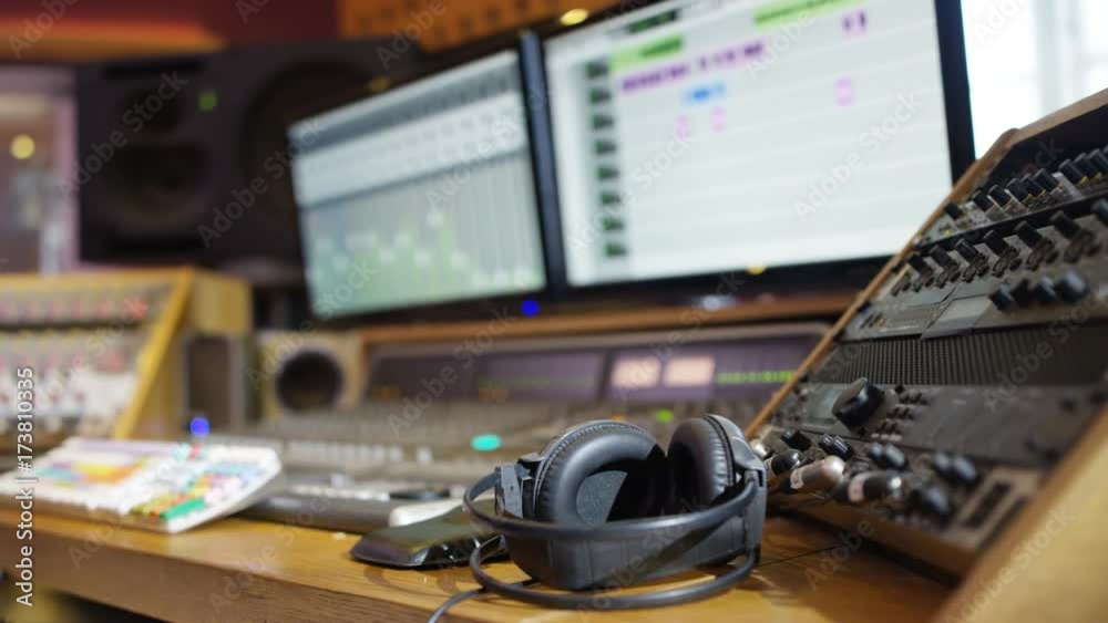  Interior view of professional recording studio. No people.