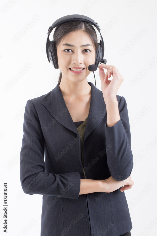 Asian Callcenter Woman smiling, Woman stand and smile, isolated on white background, Woman working concept. Asian Callcenter Woman smiling, Woman stand and smile, isolated on white background, Woman working concept.