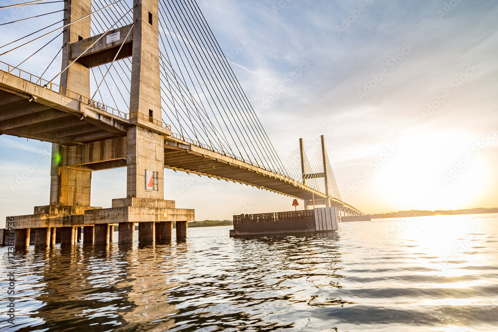 Naklejka premium Cable-stayed bridge over Parana river, Brazil. Border of Sao Paulo and Mato Grosso do Sul states
