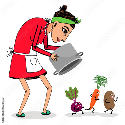 Housewife with saucepan and vegetables