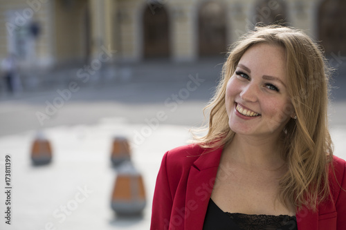 Portrait close up of young beautiful blonde woman