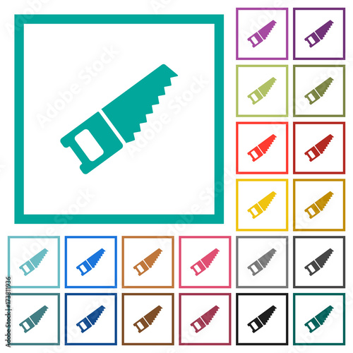 Hand saw flat color icons with quadrant frames