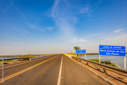 Road sign at border of Sao Paulo and Mato Grosso do sul states