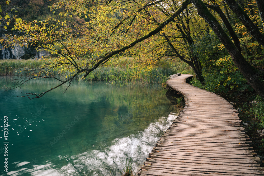 Autumn day and wooden tourist path in Plitvice lakes national park-Croatia Autumn day and wooden tourist path in Plitvice lakes national park-Croatia