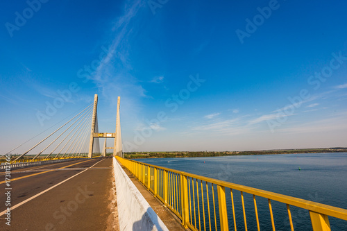 Cable-stayed bridge over Parana river, Brazil. Border of Sao Paulo and Mato Grosso do Sul states