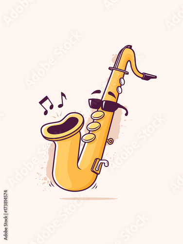 Cool saxophone mascot, playing your favorite song. Vector cartoon illustration