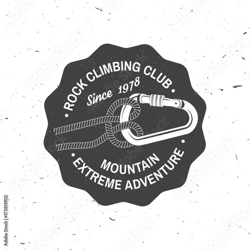 Vintage typography design with knot for quickly tying a climbing rope and carabiner.