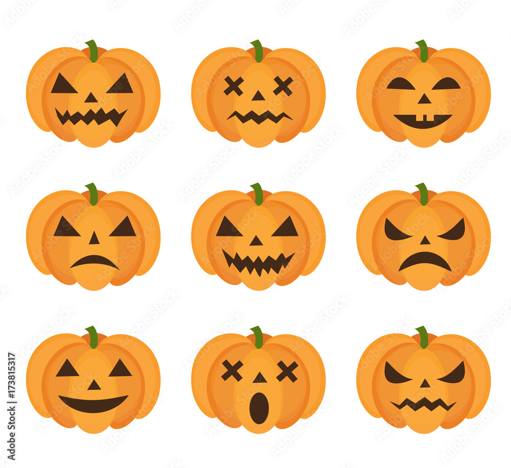 Halloween pumpkin icon set with emoji. Scary emoticons pumpkins collection. Isolated on white background. Vector illustration, clip-art Halloween pumpkin icon set with emoji. Scary emoticons pumpkins collection. Isolated on white background. Vector illustration, clip-art