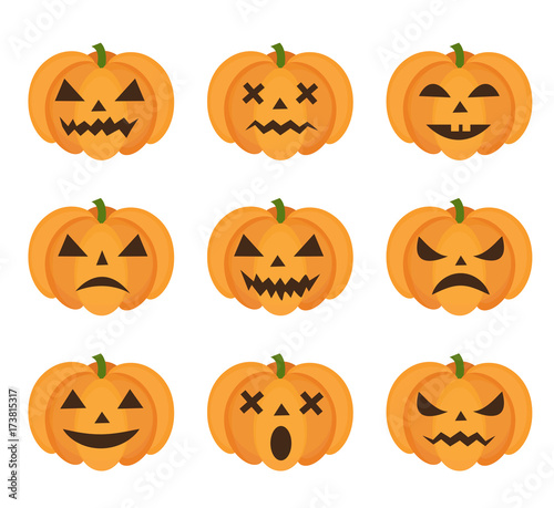 Halloween pumpkin icon set with emoji. Scary emoticons pumpkins collection. Isolated on white background. Vector illustration, clip-art