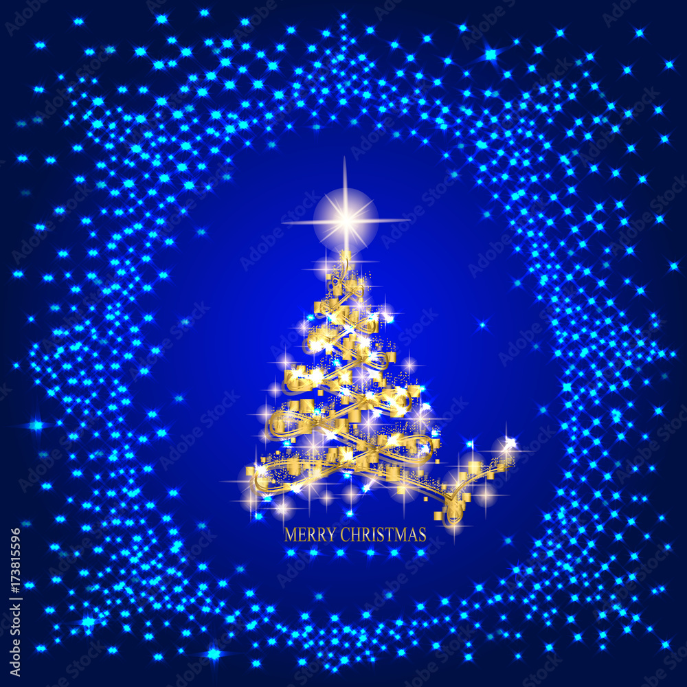 Abstract background with gold christmas tree and stars. Illustration in blue and gold colors. Abstract background with gold christmas tree and stars. Illustration in blue and gold colors.