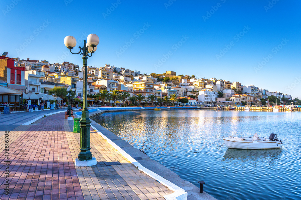 The pictursque port of Sitia, Crete, Greece at sunset. Sitia is a traditional town at the east Crete near the beach of palm trees, Vai.