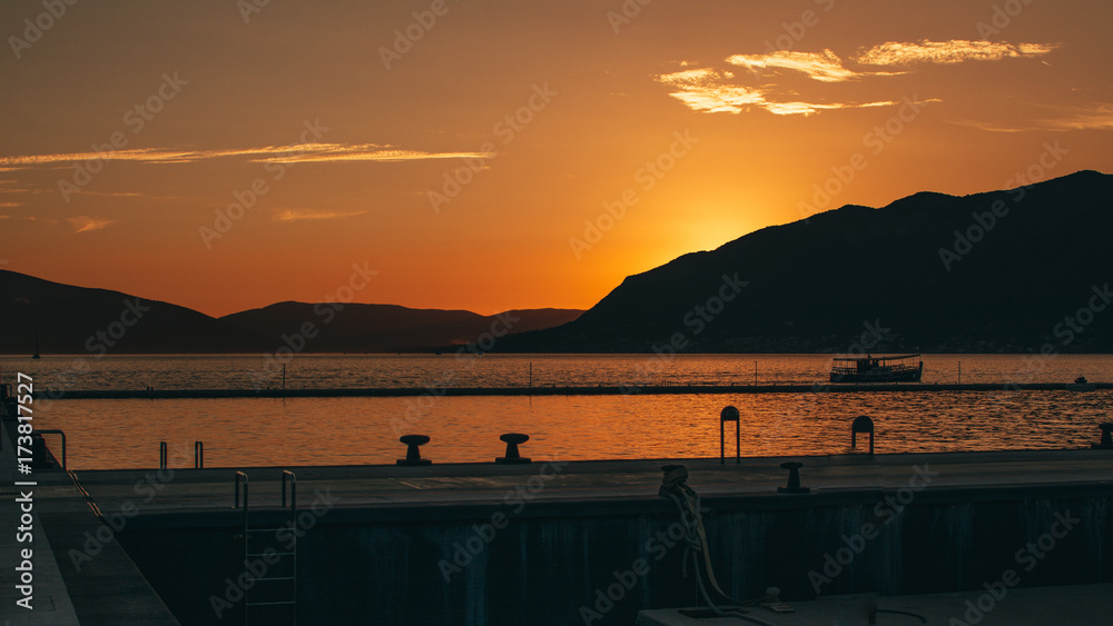 Sunset in harbor, Tivat, Montenegro