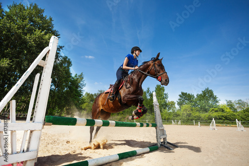 Horse and female jockey jumping over barrier