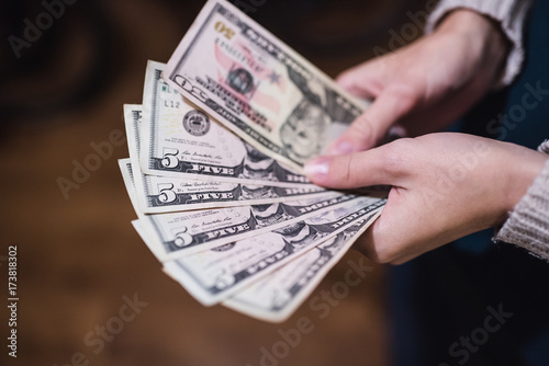 Dollar bills, money background. Dollars money set close up in hand