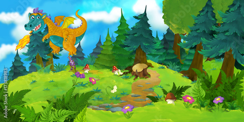 cartoon background of a dragon in the forest - illustration for children