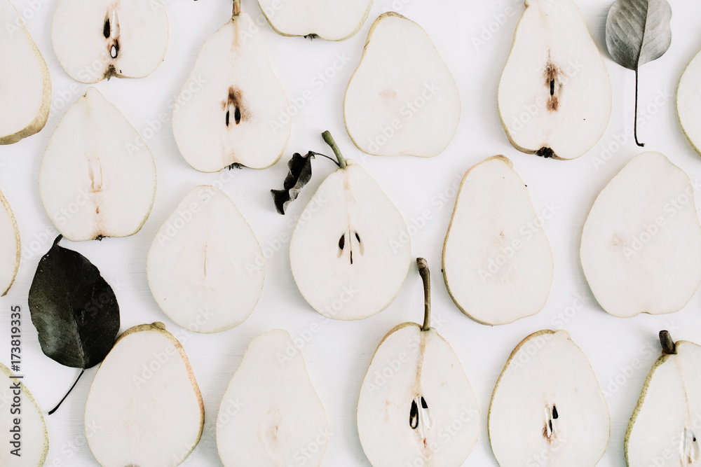 Pear slices pattern. Flat lay, top view minimal texture. - obrazy, fototapety, plakaty 