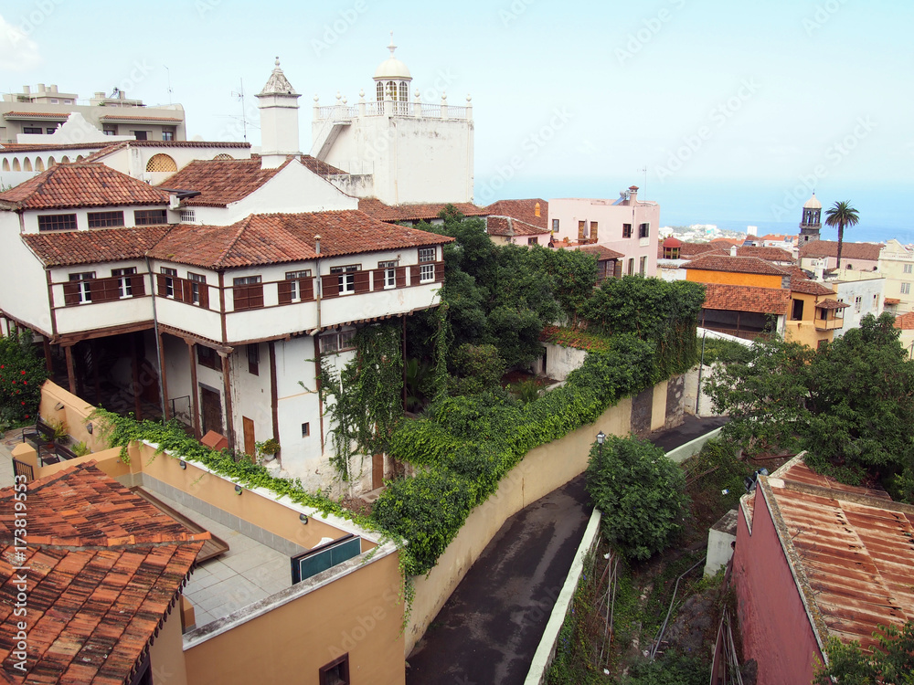 panoramic  view of La Orotava in Tenefife showing colorful painted buildings profuse plants and the sea