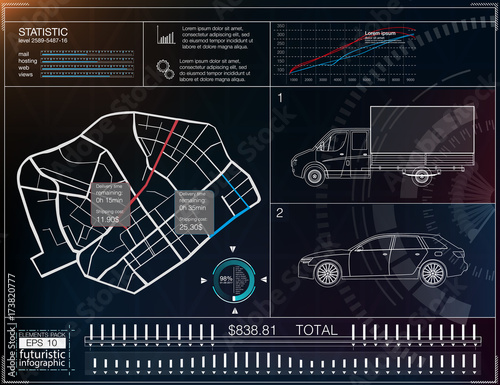 Cargo transportation infographics, a template application for the delivery of goods. Cargo delivery map. Futuristic information display. Easy color change. The elements that have been clipped.