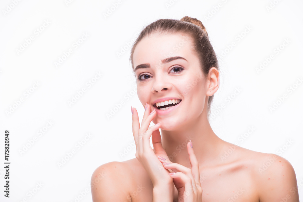 Woman beauty face portrait isolated on white with healthy skin cosmetics Woman beauty face portrait isolated on white with healthy skin cosmetics