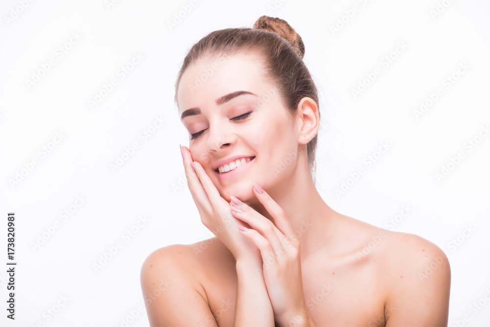 Woman beauty face portrait isolated on white with healthy skin cosmetics Woman beauty face portrait isolated on white with healthy skin cosmetics