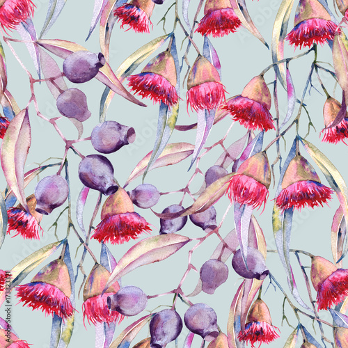 Background is a branch of gum flowers. Seamless pattern.