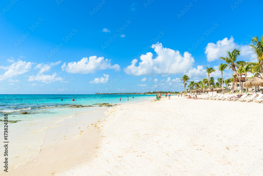 Relaxing on sun lounger at Akumal Beach - Riviera Maya - paradise beaches at Cancun, Quintana Roo, Mexico - Caribbean coast - tropical destination for vacation