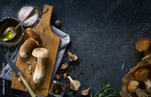 autumn cooking background; organic porcini Mushroom; seasoning forest Mushroom and Italian Spices Herb