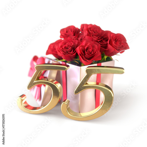 birthday concept with red roses in gift isolated on white background. fifty-fifth. 55th. 3D render