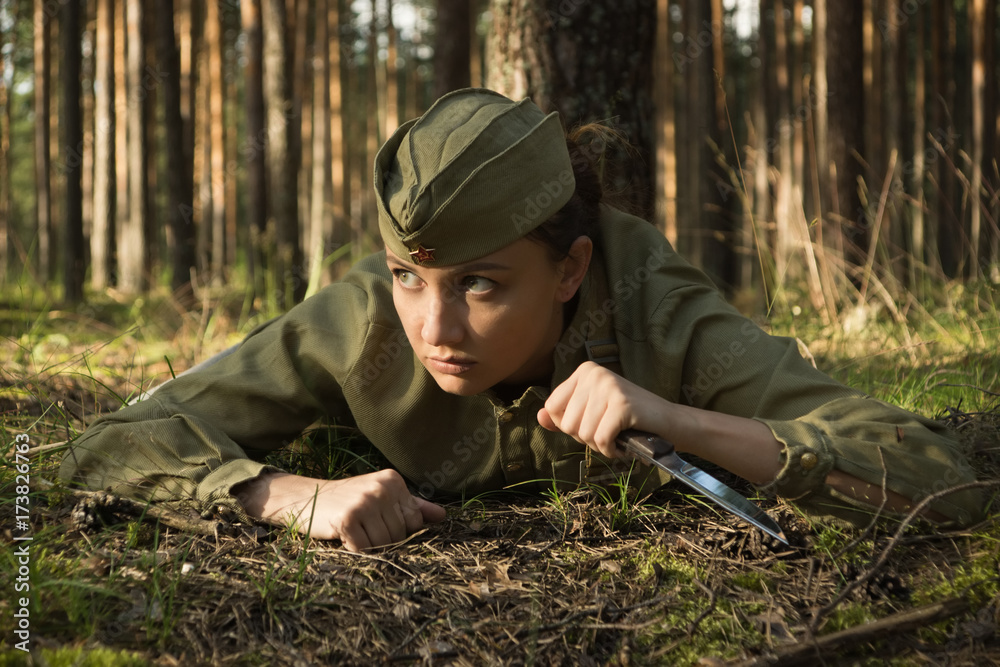 Fototapeta premium Woman in uniform of the Red Army of the Second World War.