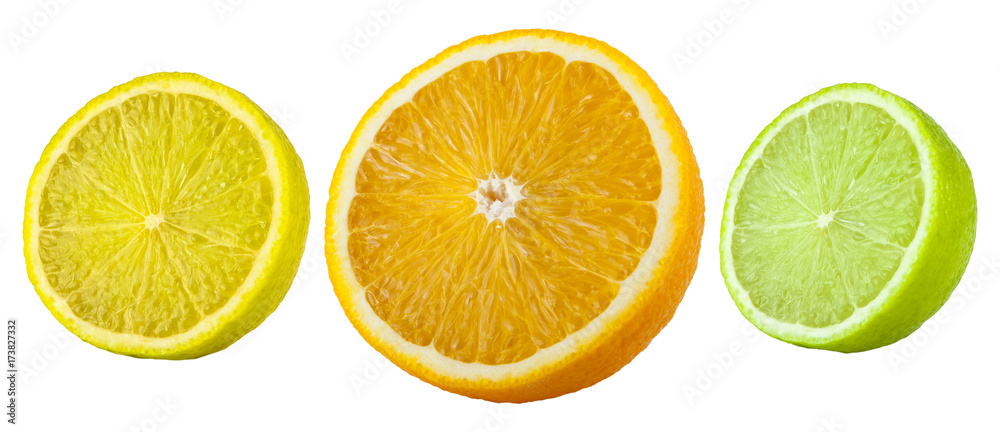 fresh orange, lemon and lime fruits isolated on white background