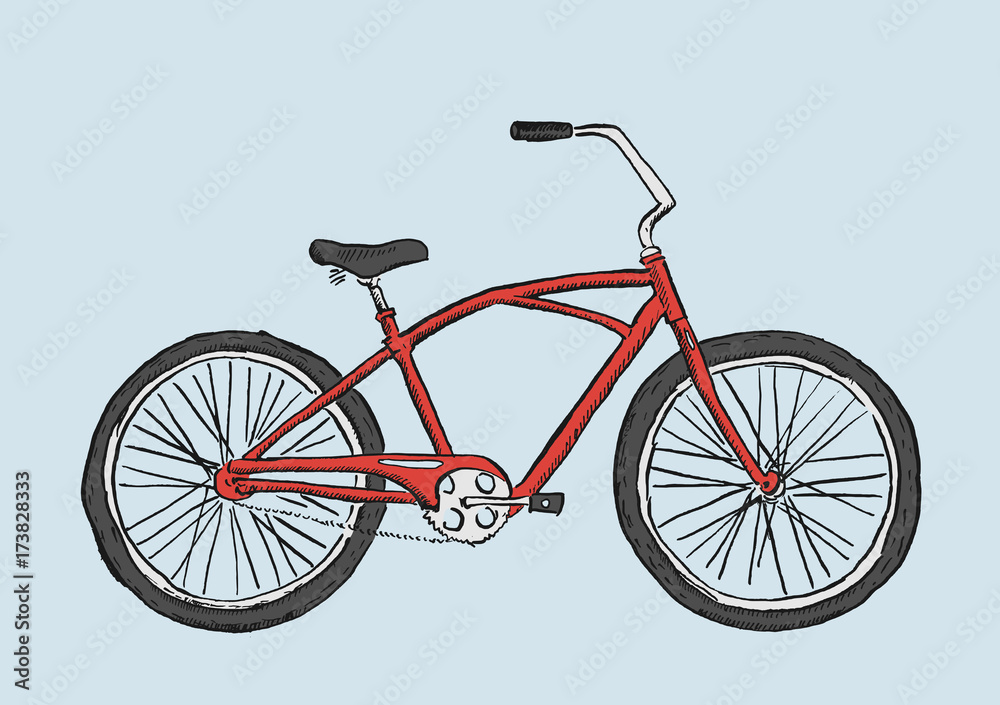 Hand drawn sketch illustration of bicycle. Cruiser bike