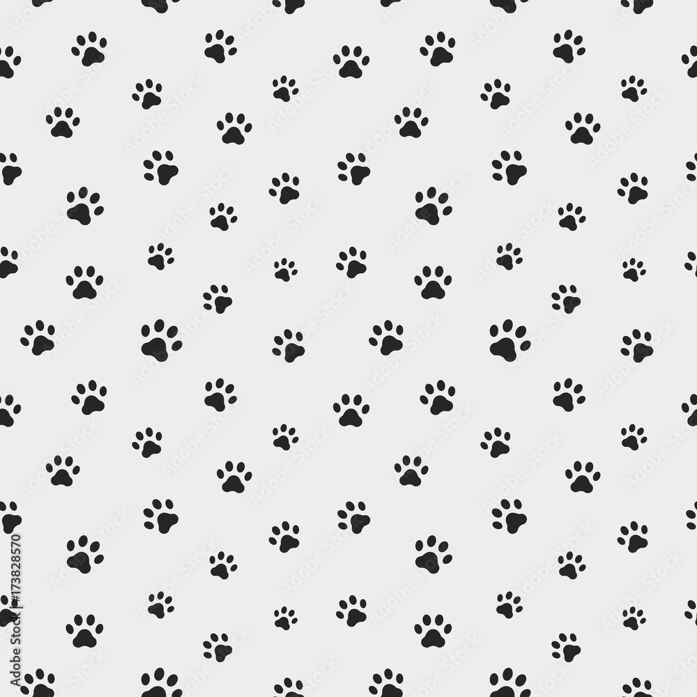 Cat paw track. Seamless animal pattern of paw footprint. Vector