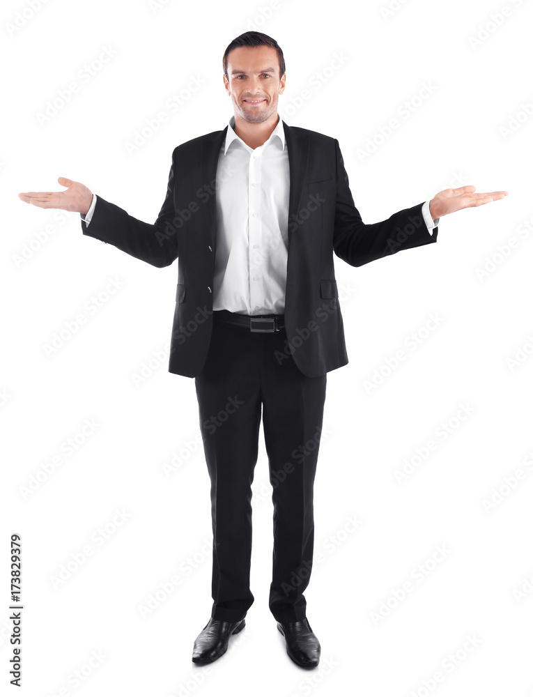 Handsome man in elegant black suit on white background Handsome man in elegant black suit on white background