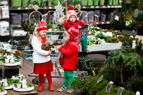 Kids selecting Christmas tree. Xmas gifts shopping.