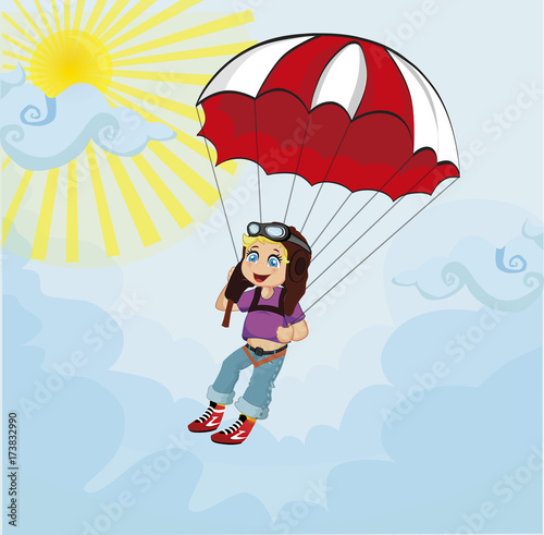 Fototapeta Naklejka Na Ścianę i Meble -  Little cute boy jumping with parachute. Vector Illustration