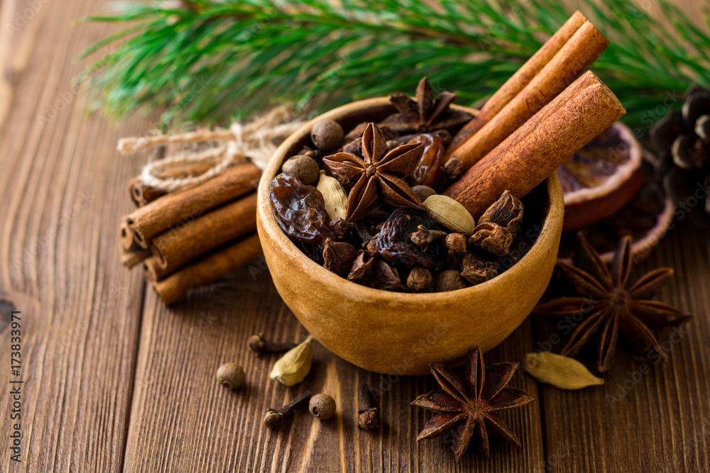 Set of spices for mulled wine in ceramic bowl on wooden table. Set of spices for mulled wine in ceramic bowl on wooden table.
