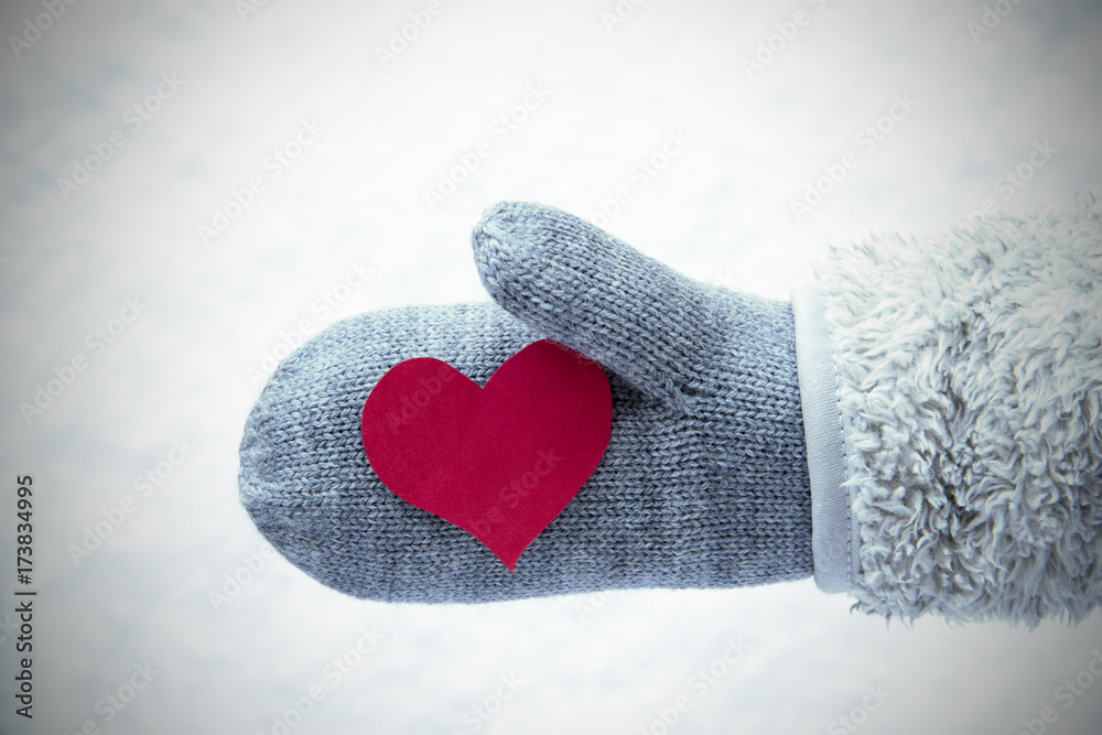 Wool Glove With Red Heart, Snow Background