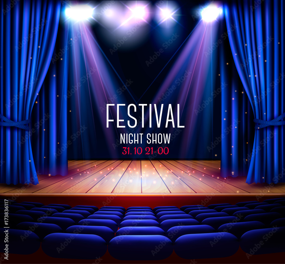 Fototapeta premium Scena teatralna z niebieską kurtyną i reflektorem. Tło pokazu nocy festiwalu. Wektor.