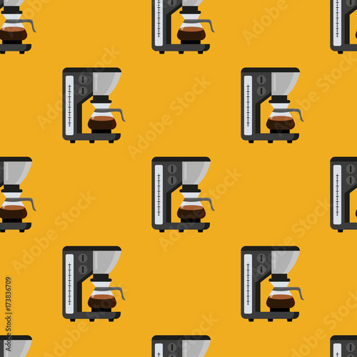 Seamless pattern consisting of coffee, coffeemaker on a yellow background. Prints for coffee houses, establishments. Creative vector background. Colorful bright picture.