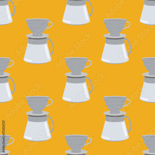 Seamless pattern consisting of coffee, V60 on a yellow background. Prints for coffee houses, establishments. Creative vector background. Colorful bright picture.