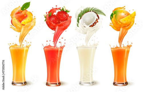 Set of fruit juice splash in a glass. Strawberry, peach, coconut and mango. Vector