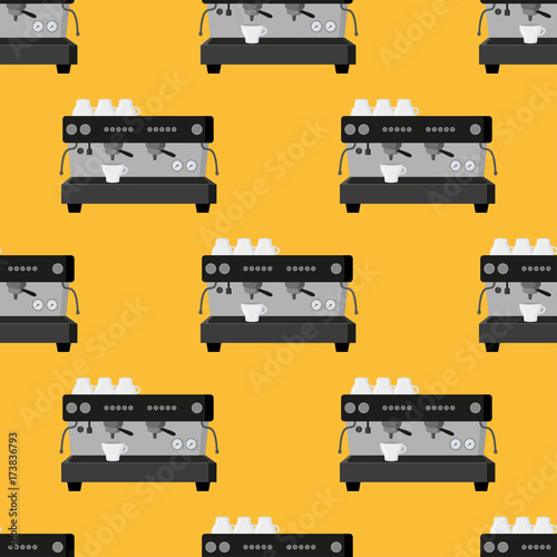 Seamless pattern consisting of coffee, airpress on a yellow background. Prints for coffee houses, establishments. Creative vector background. Colorful bright picture.