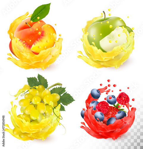 Set of fruit juice splash. Grapes, apple, peach, blueberry, raspberry, strawberry. Vector
