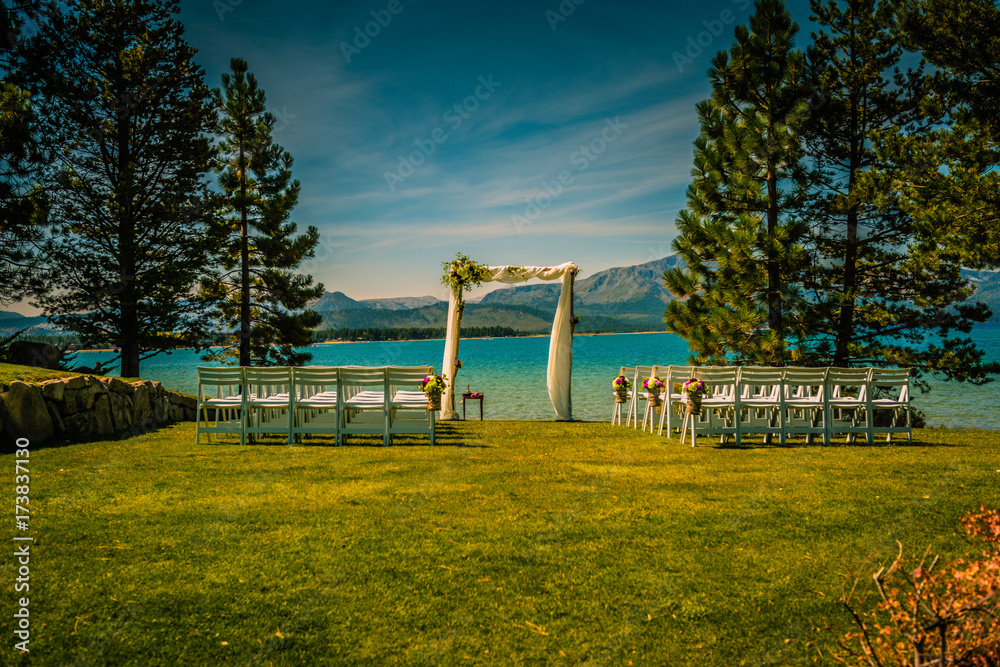 wedding, lake, beach, kiss, Lake Tahoe, bride, groom